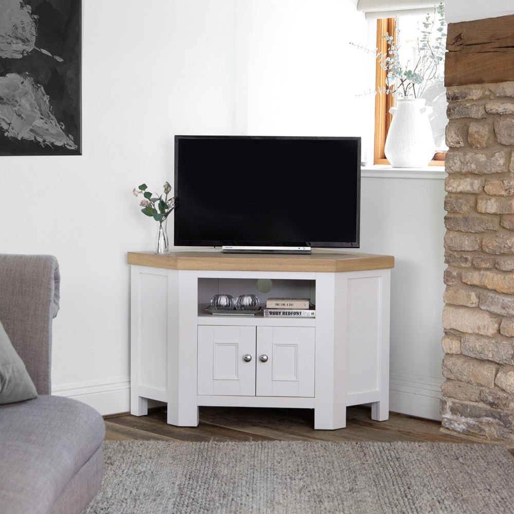 Dorset White Painted Corner TV Unit - The Furniture Warehouse