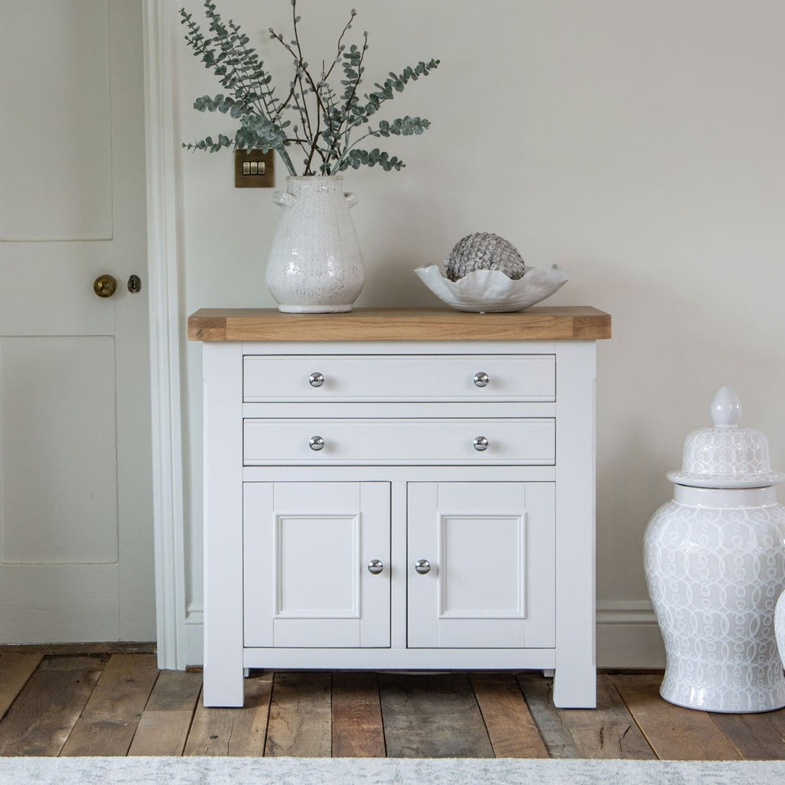 Dorset White Painted Oak 2 Door Small Sideboard - The Furniture Warehouse