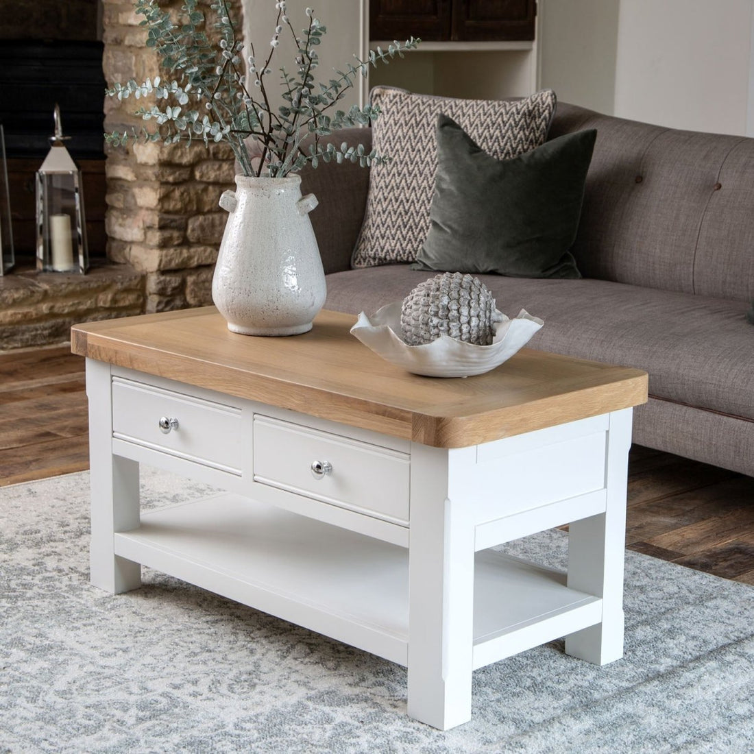Dorset White Painted Oak Coffee Table with Drawer - The Furniture Warehouse