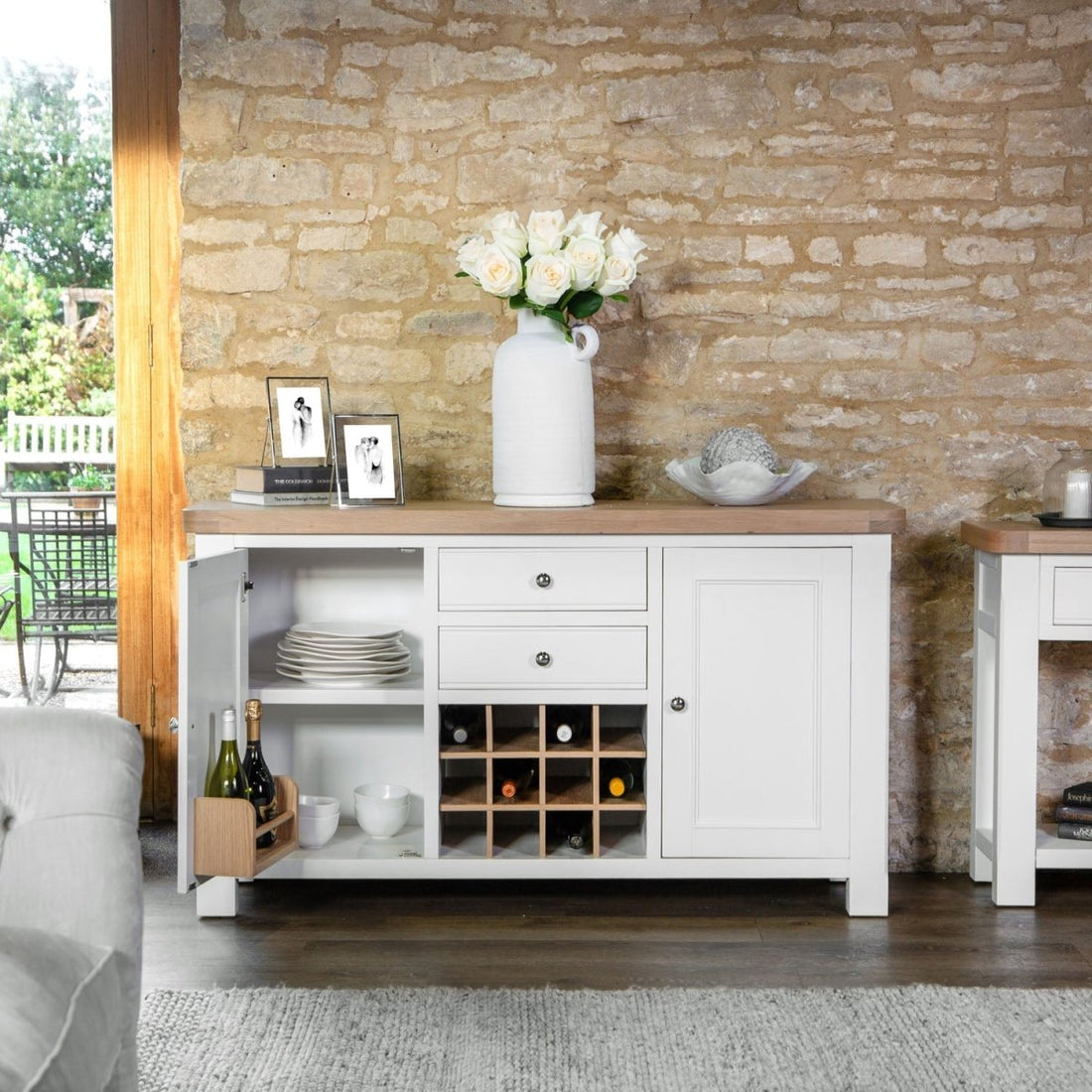 Dorset White Painted Oak Large Sideboard Wine Rack - The Furniture Warehouse