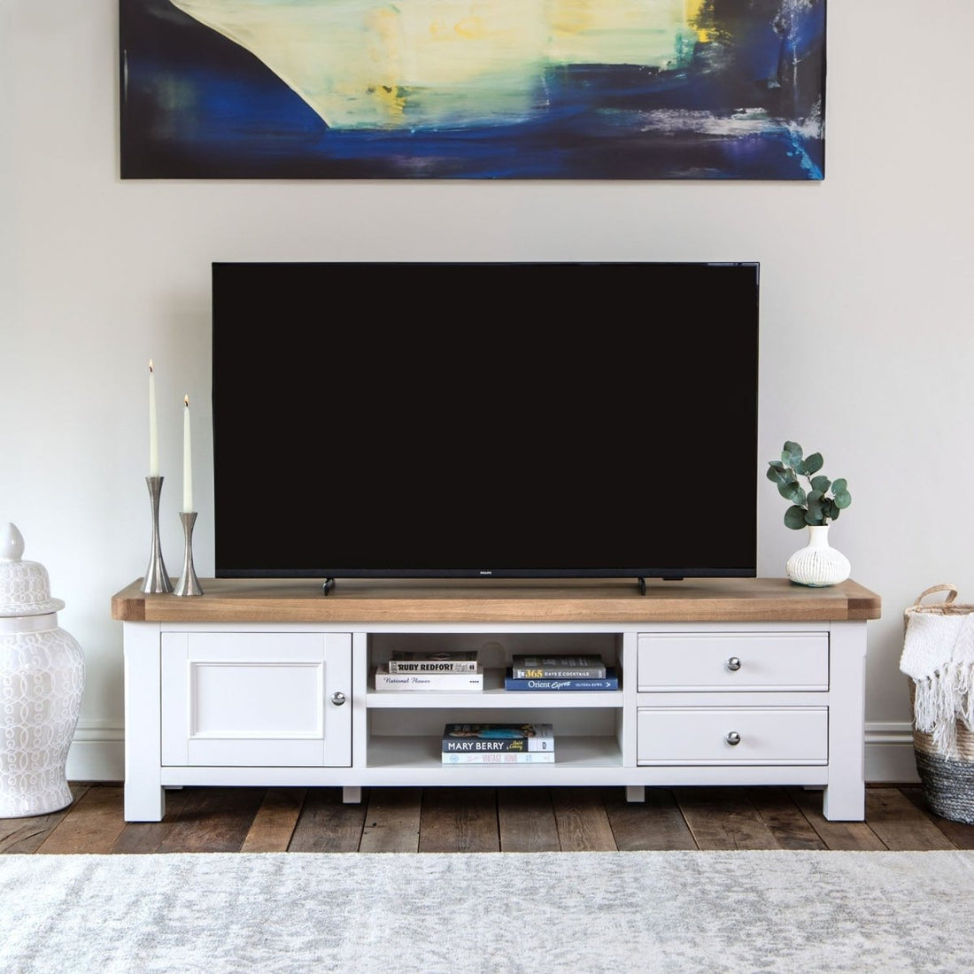 Dorset White Painted Oak Large TV Unit - The Furniture Warehouse