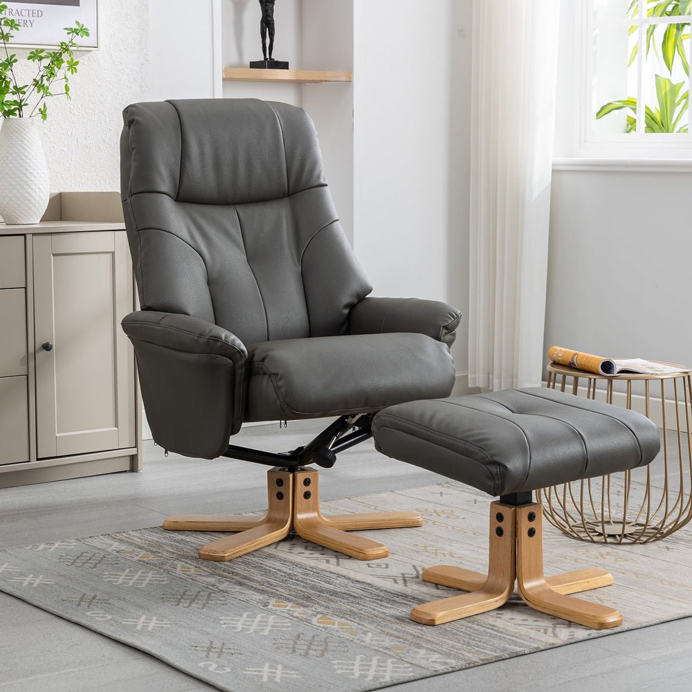 Dubai Swivel Recliner &amp; Footstool - Cinder - The Furniture Warehouse