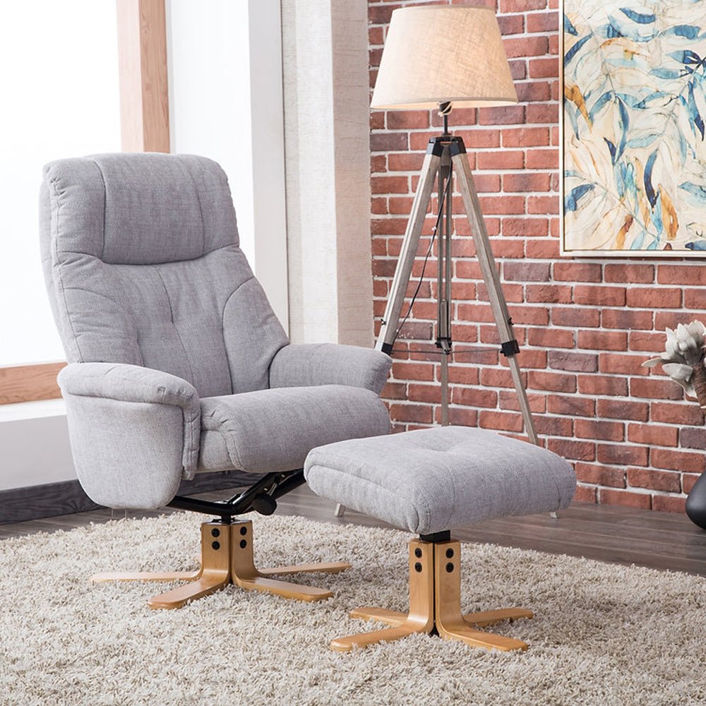 Dubai Swivel Recliner &amp; Footstool - Lisbon Silver - The Furniture Warehouse