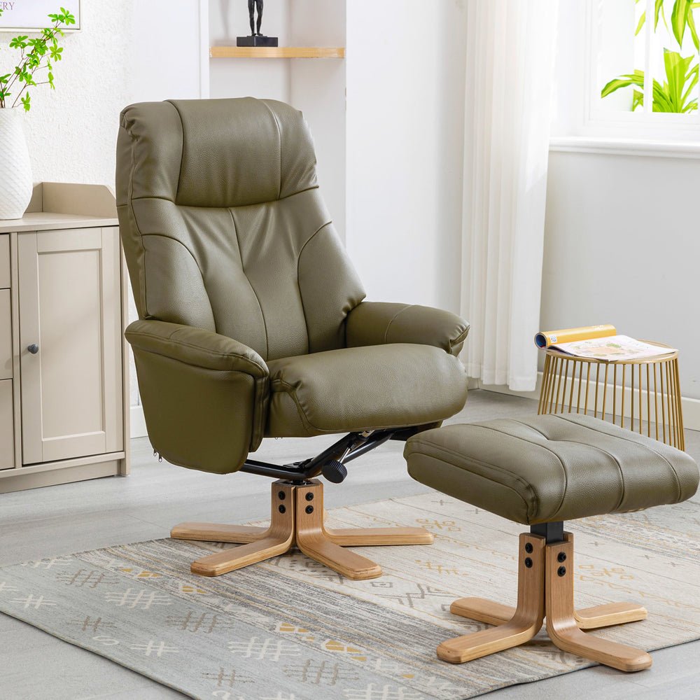 Dubai Swivel Recliner &amp; Footstool - Olive Green - The Furniture Warehouse