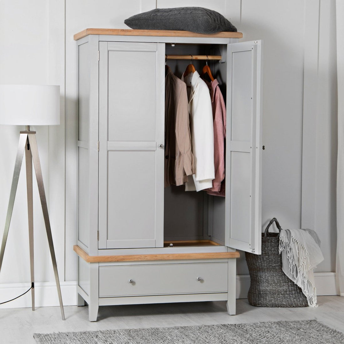 Eaton Grey Painted Oak Double Wardrobe - The Furniture Warehouse