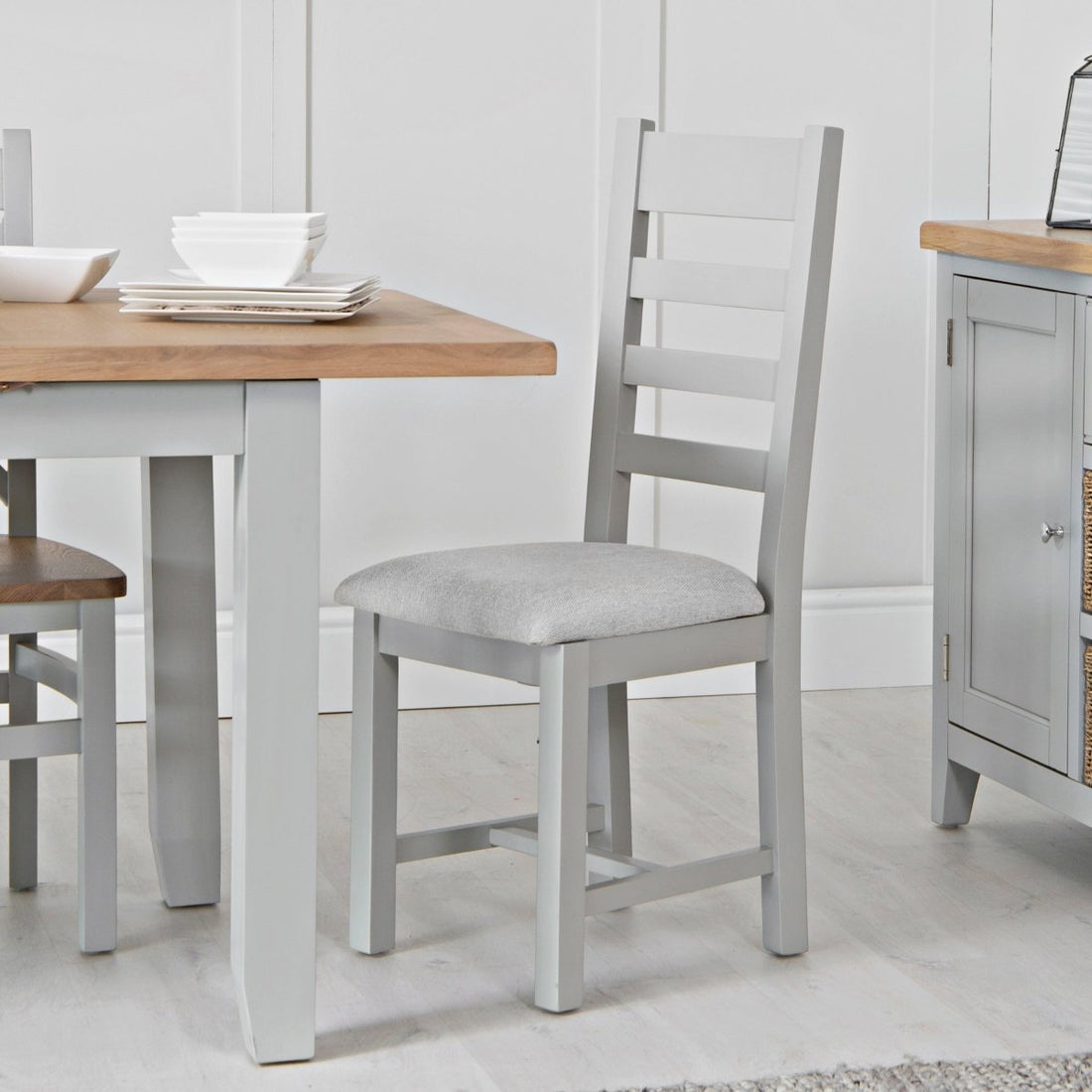 Eaton Grey Painted Oak Ladder Back Dining Chair Fabric Seat - The Furniture Warehouse