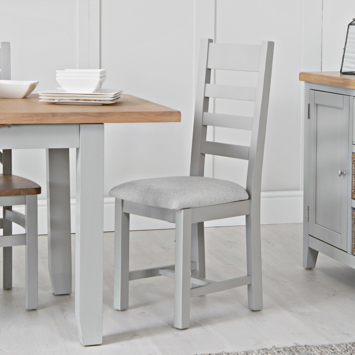 Eaton Grey Painted Oak Ladder Back Dining Chair Fabric Seat - The Furniture Warehouse