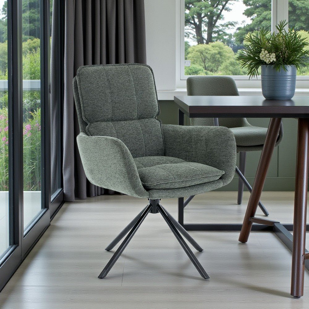 Forest Green Luxe Panel Stitch Swivel Chair with Metal Legs - The Furniture Warehouse