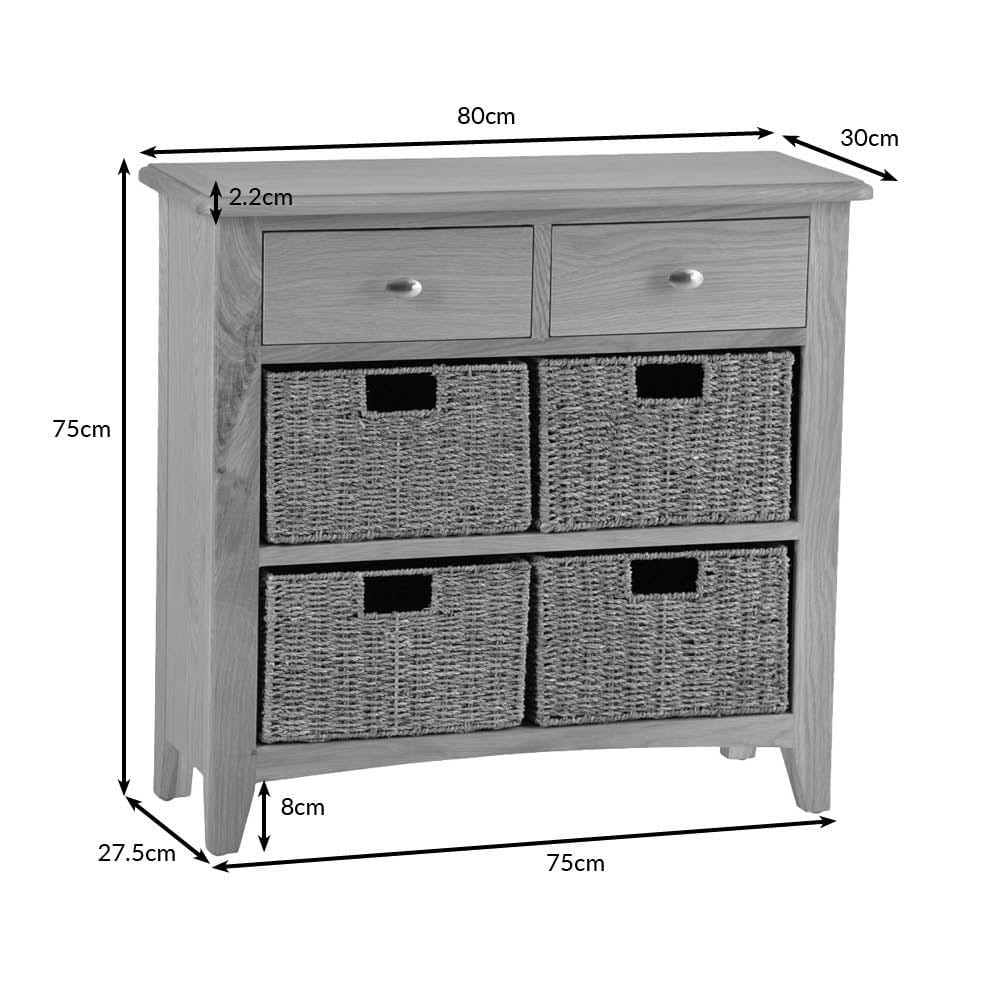 Gloucester Oak 2 Drawer 4 Wicker Basket Cabinet