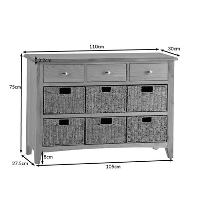 Gloucester Oak 3 Drawer 6 Wicker Basket Cabinet