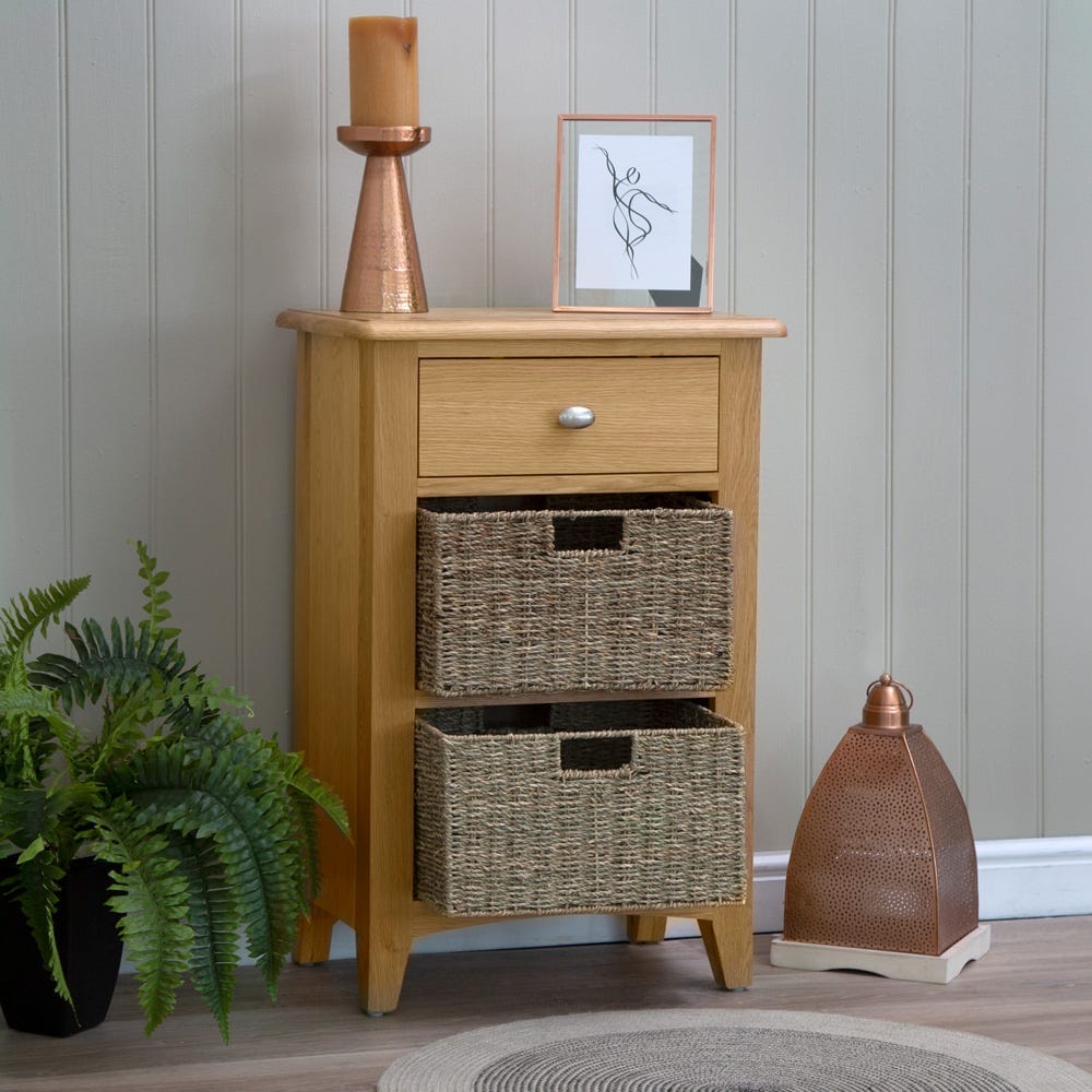 Gloucester Oak 1 Drawer 2 Wicker Basket Cabinet