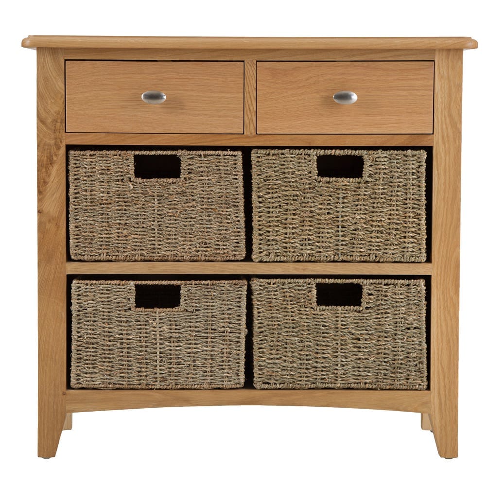 Gloucester Oak 2 Drawer 4 Wicker Basket Cabinet