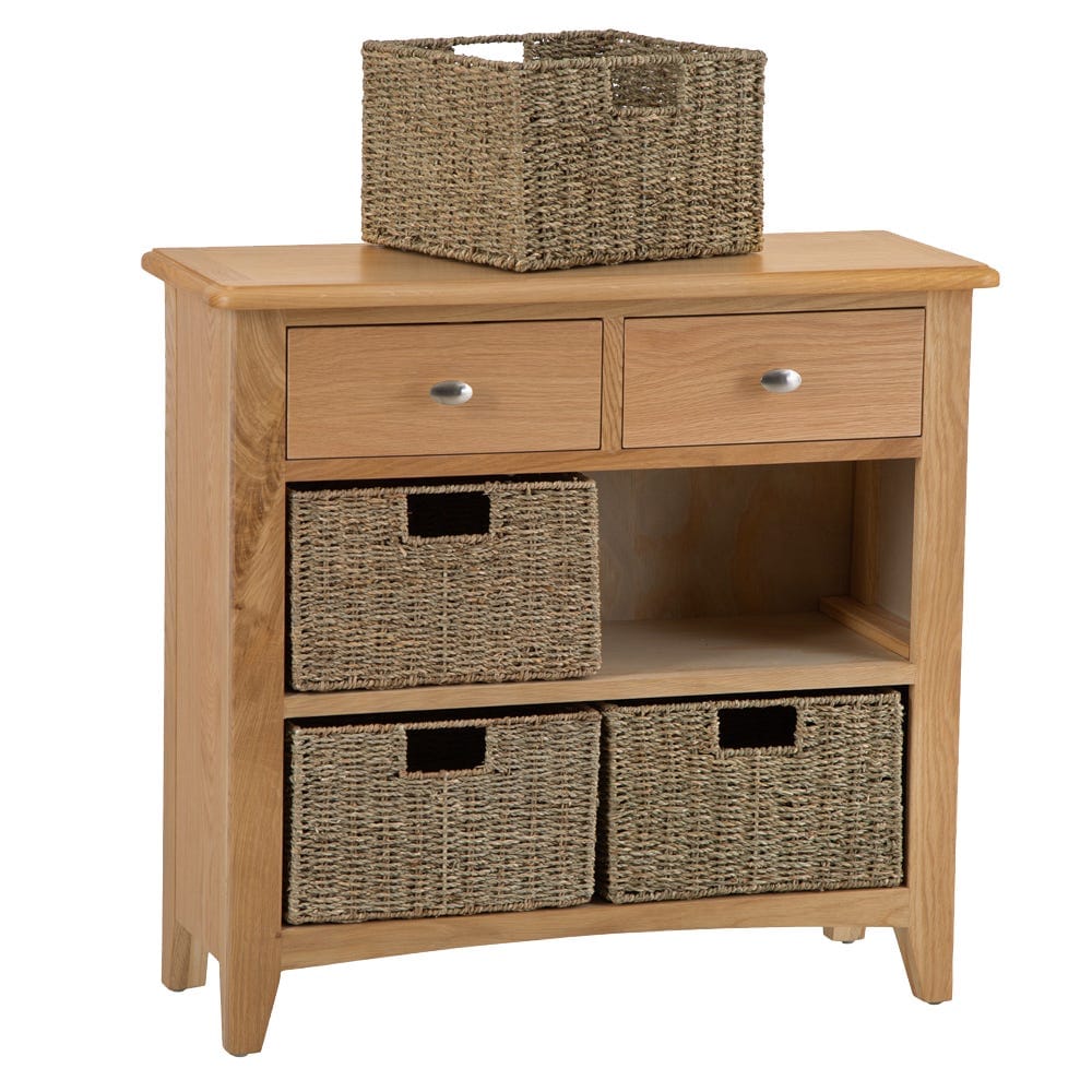 Gloucester Oak 2 Drawer 4 Wicker Basket Cabinet