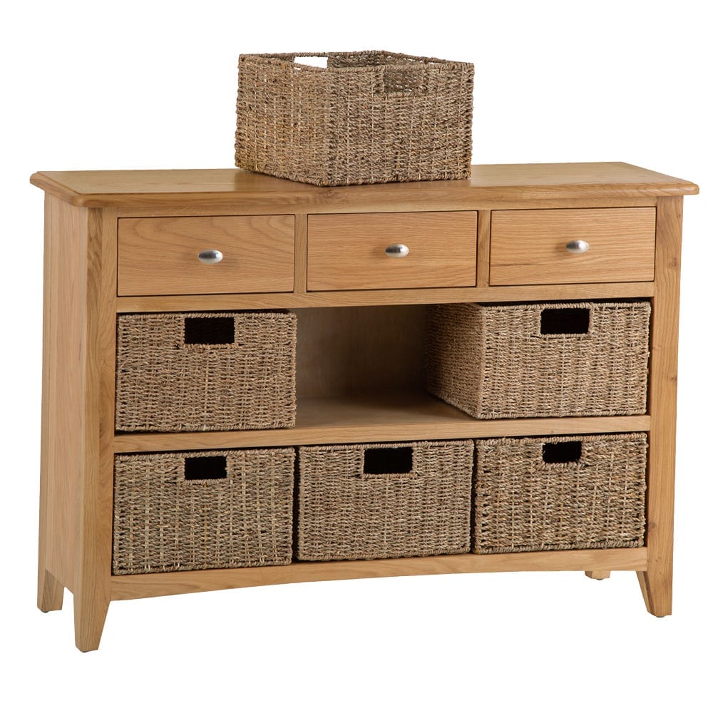 Gloucester Oak 3 Drawer 6 Wicker Basket Cabinet