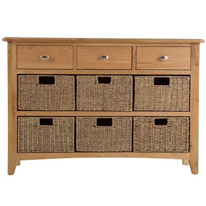 Gloucester Oak 3 Drawer 6 Wicker Basket Cabinet