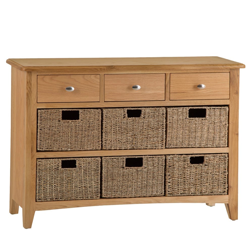 Gloucester Oak 3 Drawer 6 Wicker Basket Cabinet