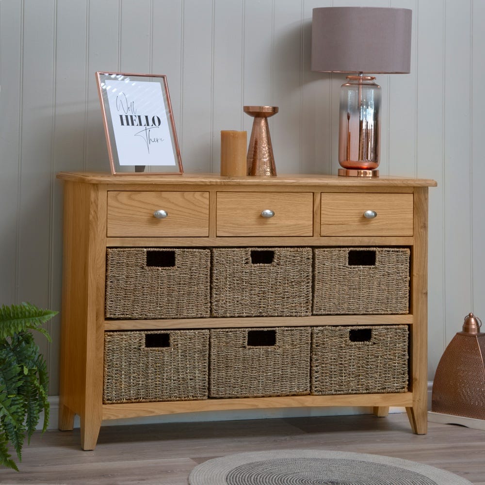 Gloucester Oak 3 Drawer 6 Wicker Basket Cabinet