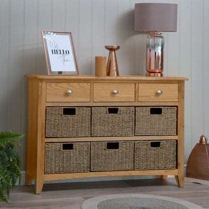Gloucester Oak 3 Drawer 6 Wicker Basket Cabinet
