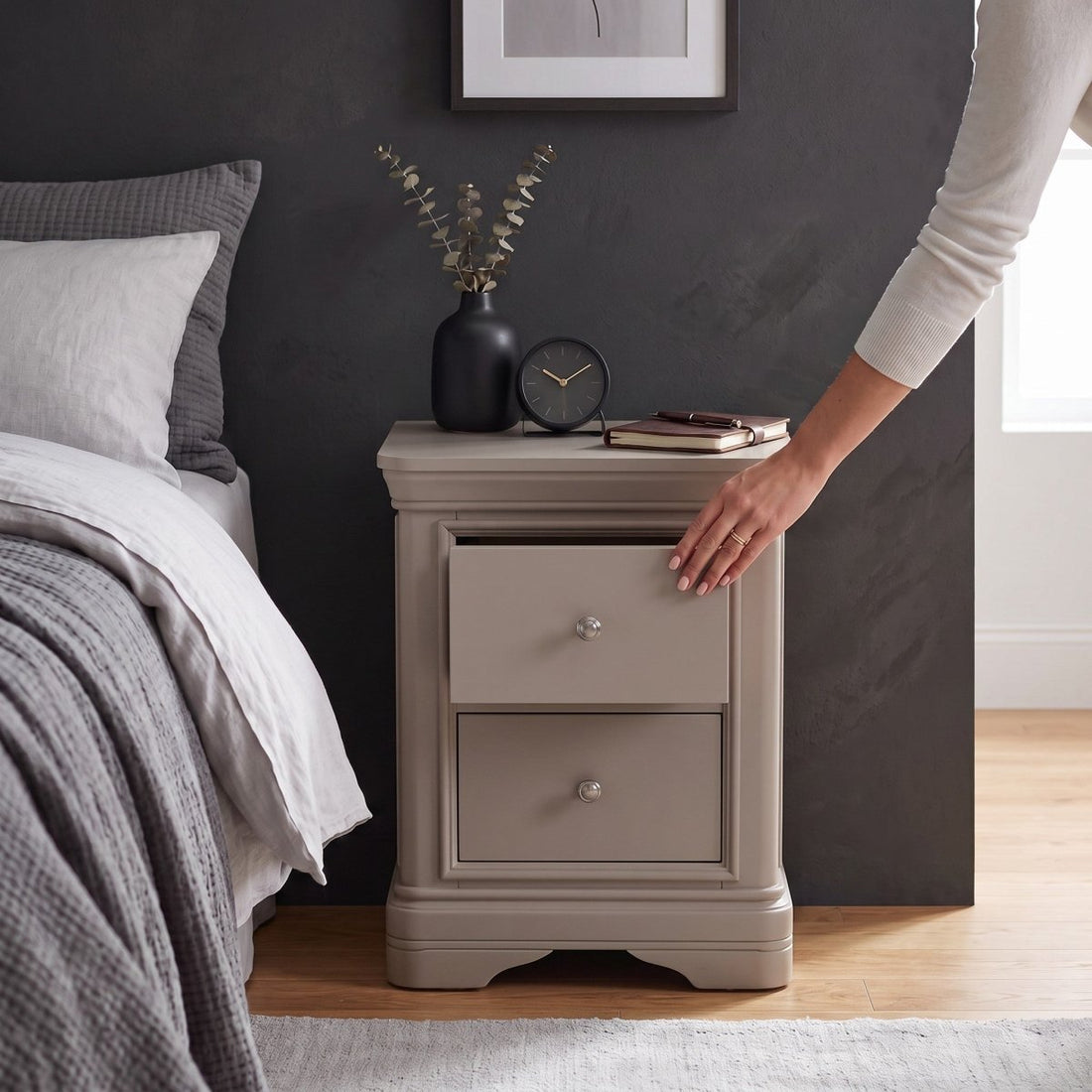 Harrington Taupe Painted Bedside Table - The Furniture Warehouse