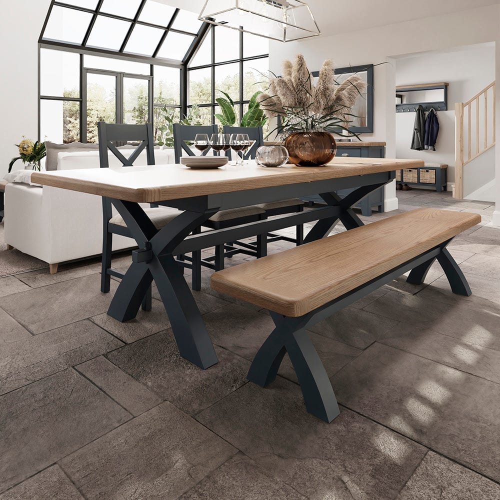 Wessex Smoked Oak Blue Painted 2.0m Extending Cross Leg Dining Table