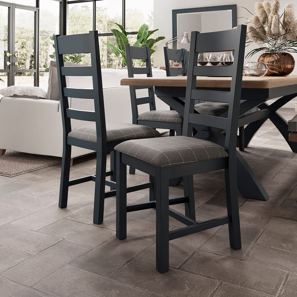 Wessex Smoked Oak Blue Painted Ladder Back Dining Chair With Grey Check Seat