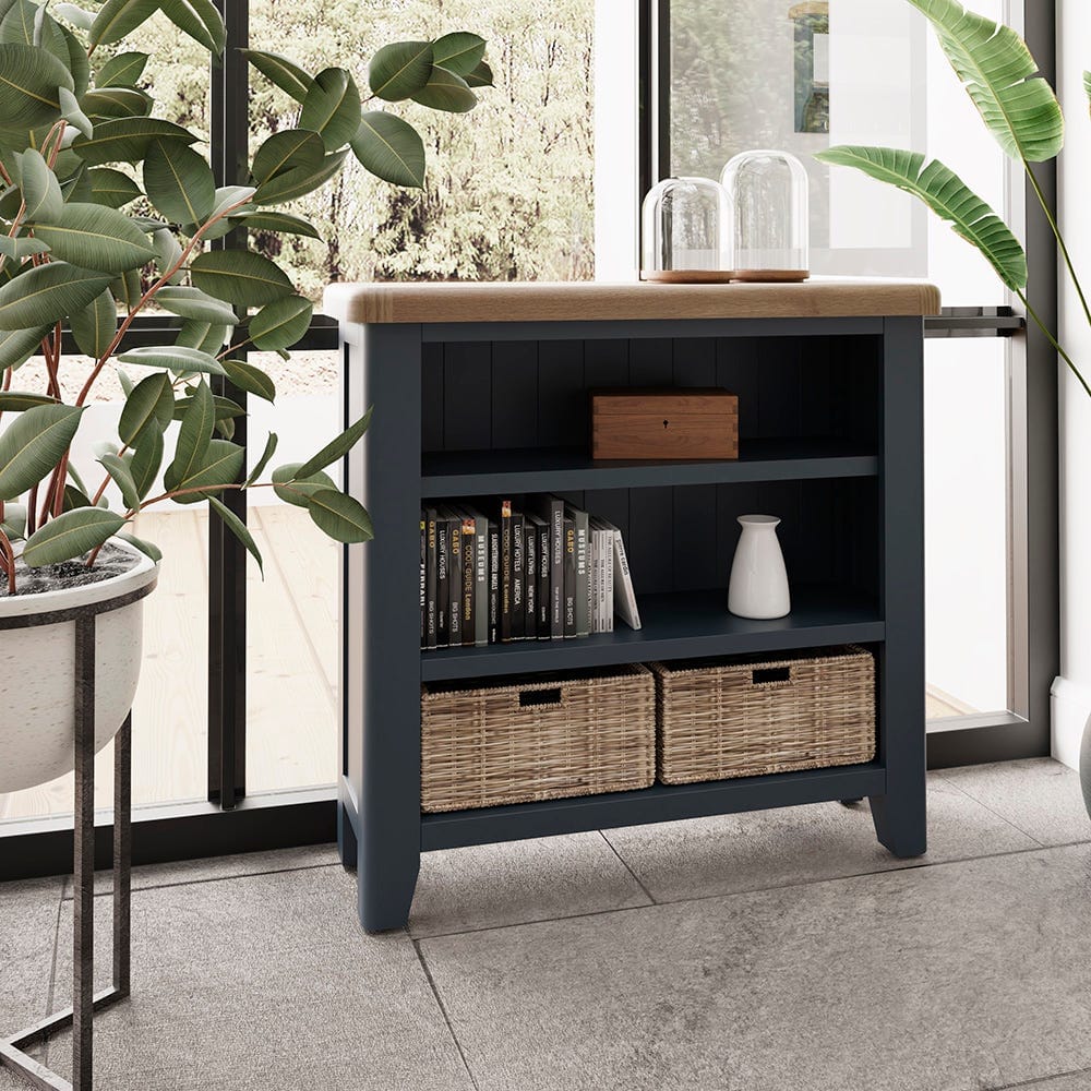 Wessex Smoked Oak Blue Painted Small Bookcase with Wicker Baskets