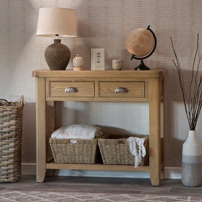 Wessex Smoked Oak Console Table with Wicker Baskets