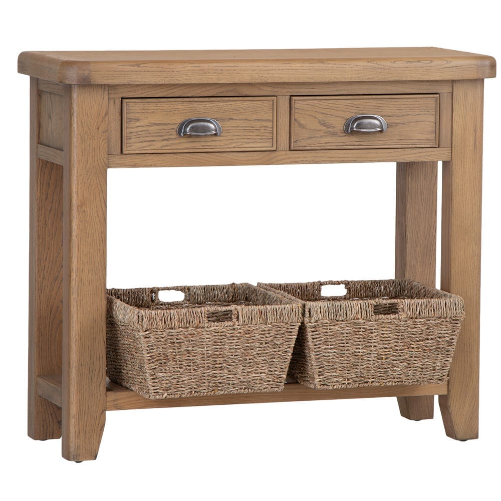 Wessex Smoked Oak Console Table with Wicker Baskets