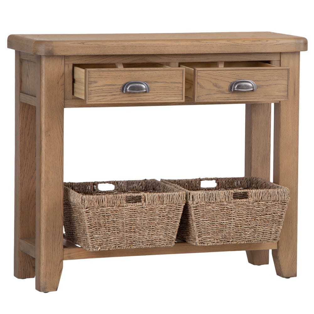 Wessex Smoked Oak Console Table with Wicker Baskets