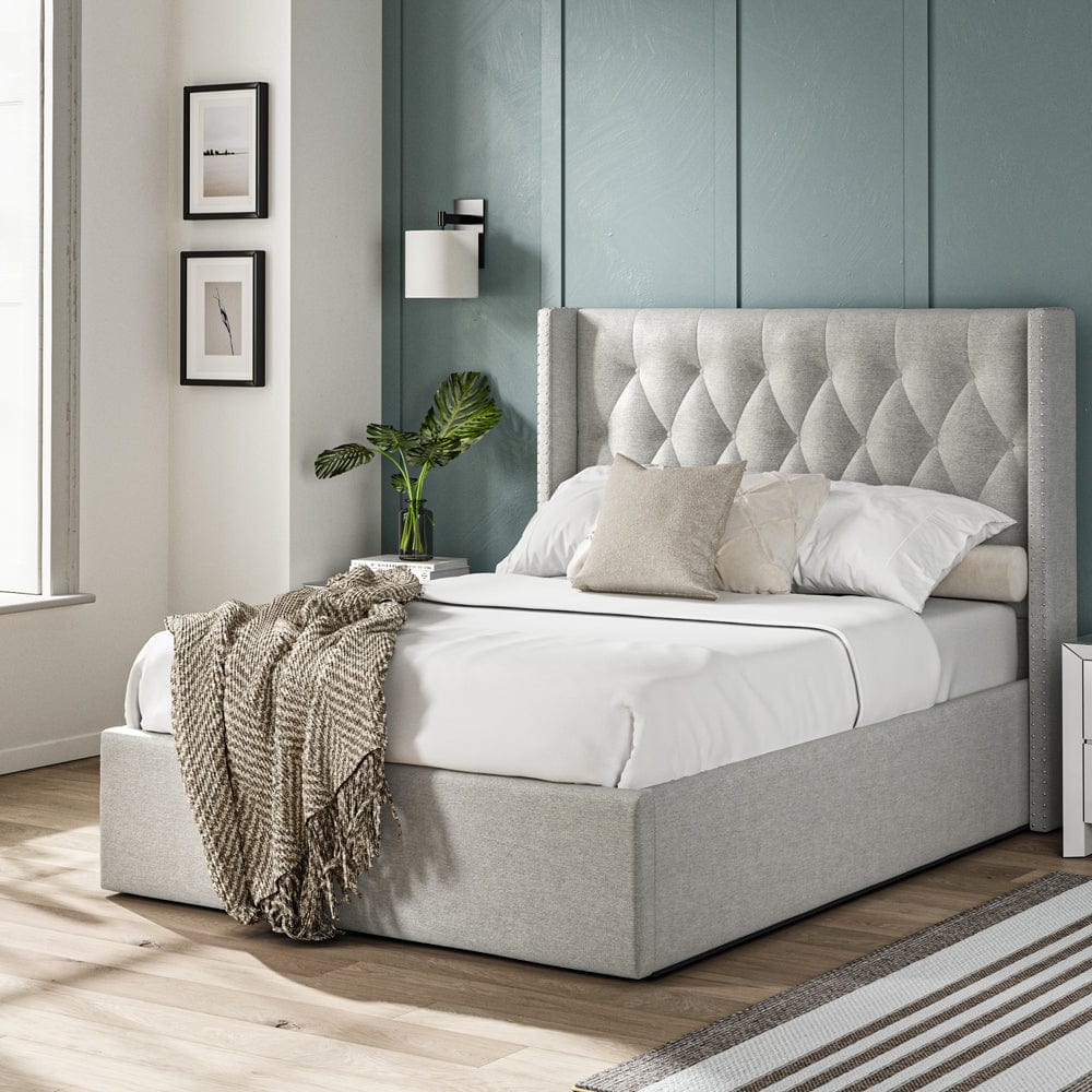 Lowick Grey Linen Double Upholstered Ottoman Bed Frame - The Furniture Warehouse