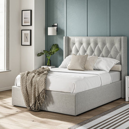 Lowick Grey Linen Double Upholstered Ottoman Bed Frame - The Furniture Warehouse
