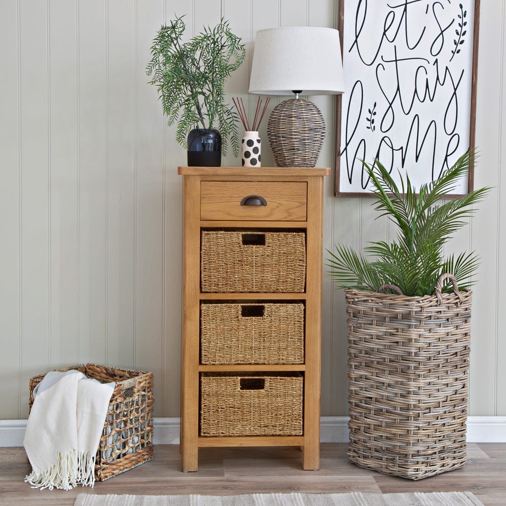 Rutland Oak 1 Drawer 3 Wicker Basket Cabinet