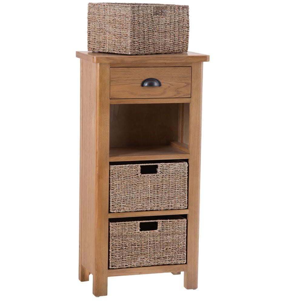 Rutland Oak 1 Drawer 3 Wicker Basket Cabinet