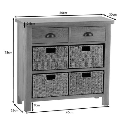 Rutland Oak 2 Drawer 4 Wicker Basket Cabinet