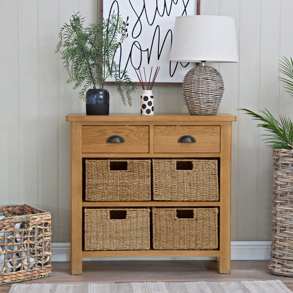 Rutland Oak 2 Drawer 4 Wicker Basket Cabinet