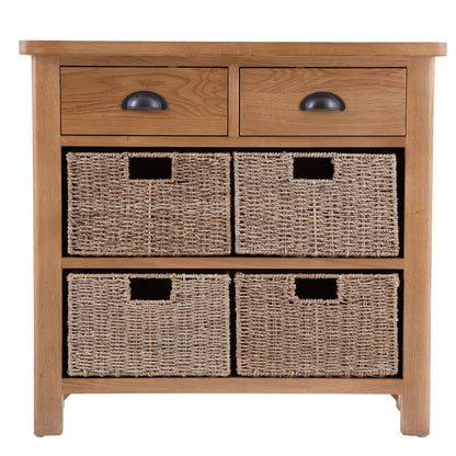 Rutland Oak 2 Drawer 4 Wicker Basket Cabinet