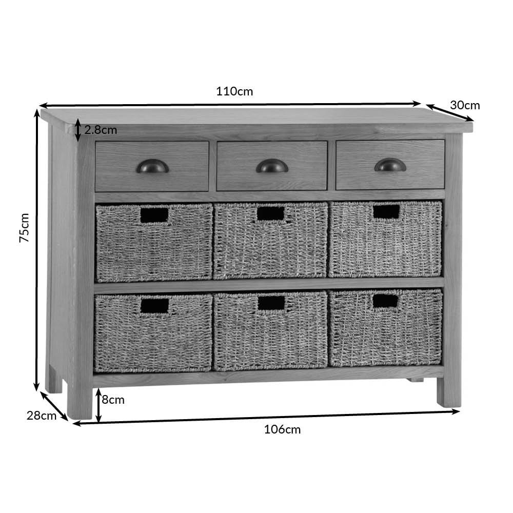 Rutland Oak 3 Drawer 6 Wicker Basket Cabinet