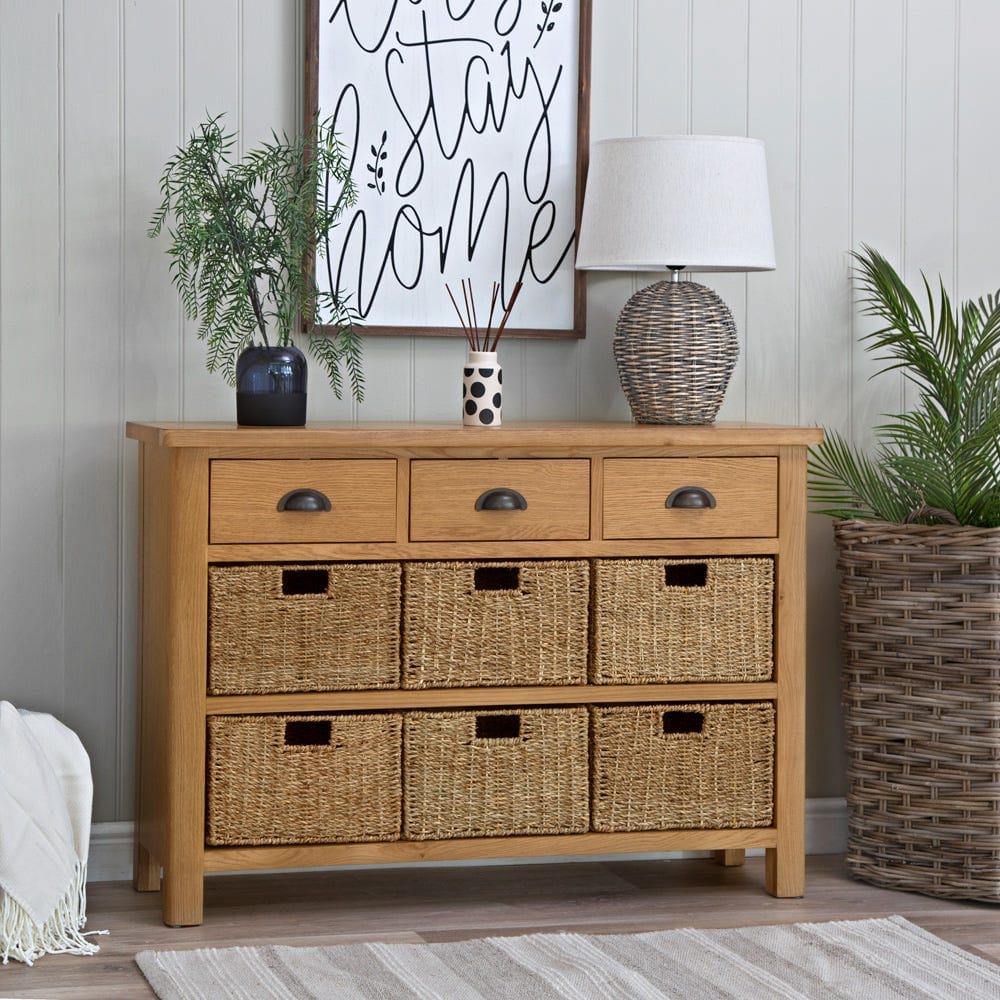 Rutland Oak 3 Drawer 6 Wicker Basket Cabinet