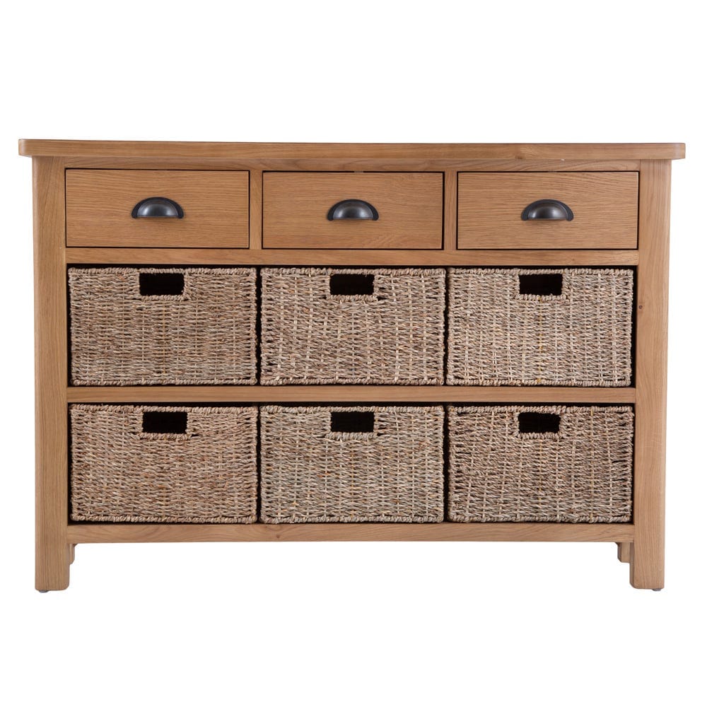 Rutland Oak 3 Drawer 6 Wicker Basket Cabinet