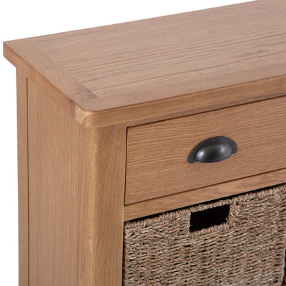 Rutland Oak 3 Drawer 6 Wicker Basket Cabinet