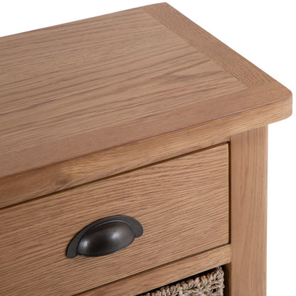 Rutland Oak 3 Drawer 6 Wicker Basket Cabinet