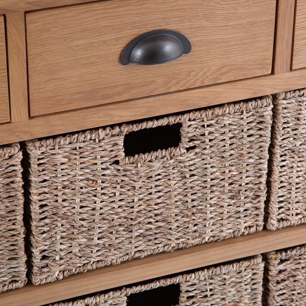 Rutland Oak 3 Drawer 6 Wicker Basket Cabinet