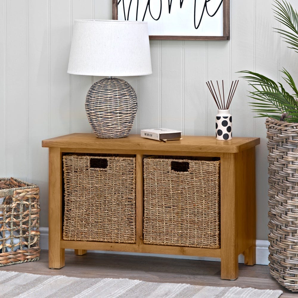 Rutland Oak Hall Bench with Wicker Baskets