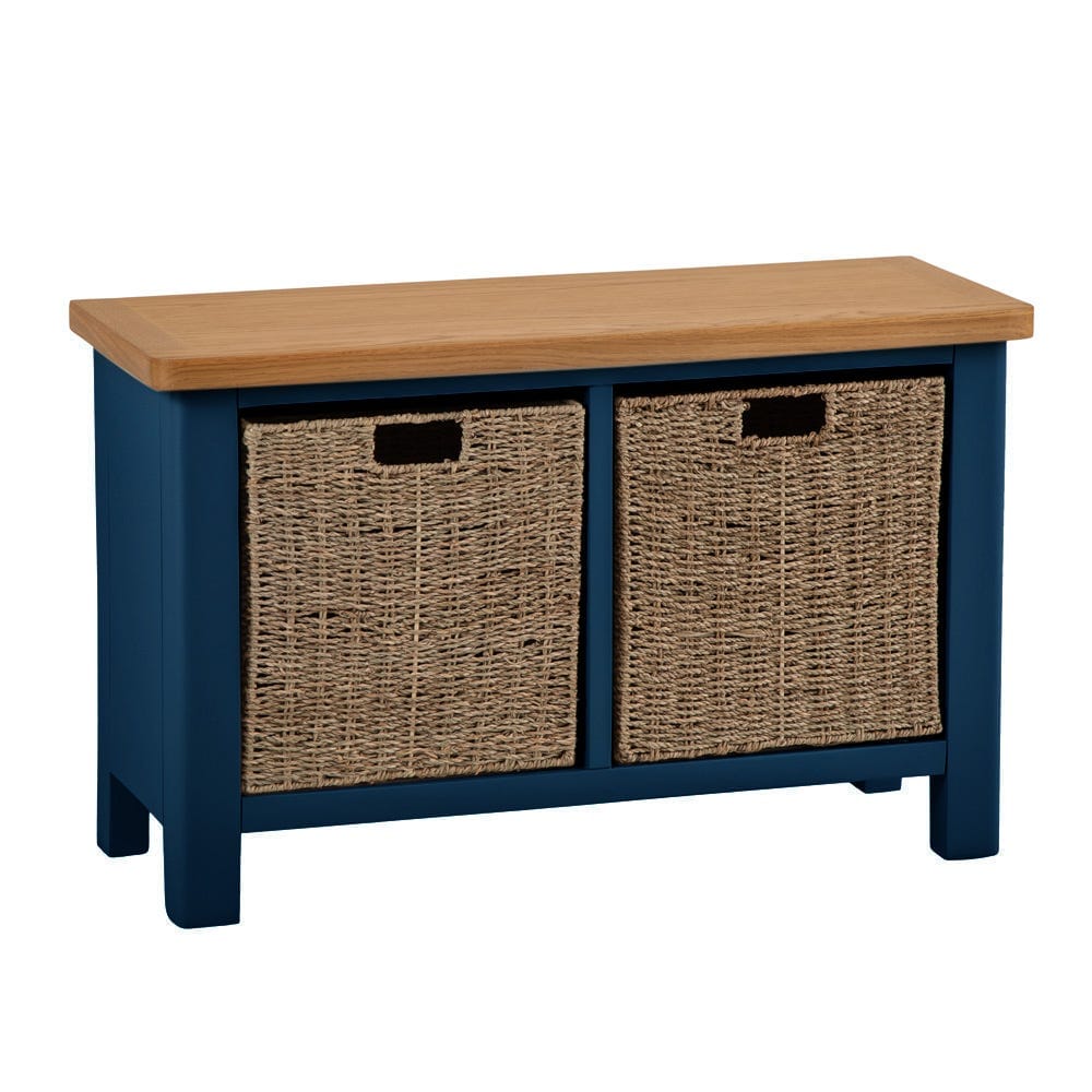 Rutland Blue Painted Oak Hall Bench with Wicker Baskets - The Furniture Warehouse