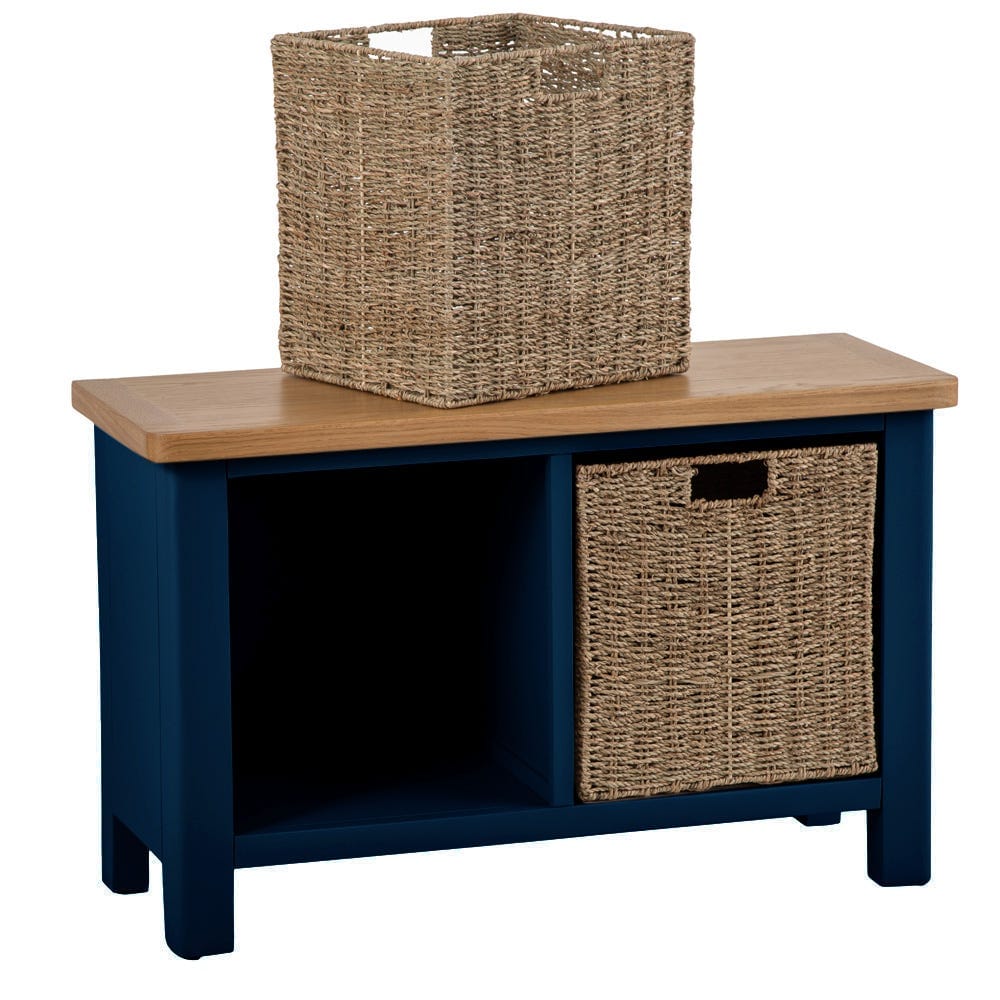 Rutland Blue Painted Oak Hall Bench with Wicker Baskets - The Furniture Warehouse