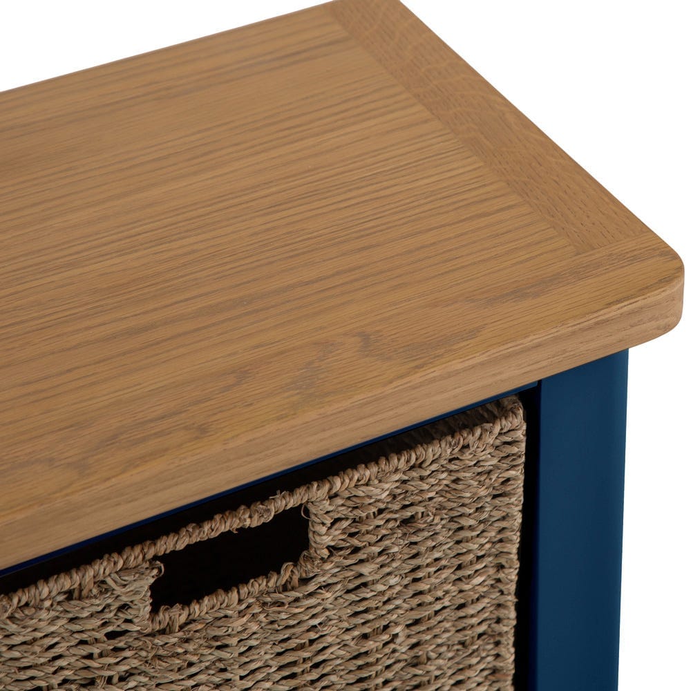 Rutland Blue Painted Oak Hall Bench with Wicker Baskets - The Furniture Warehouse