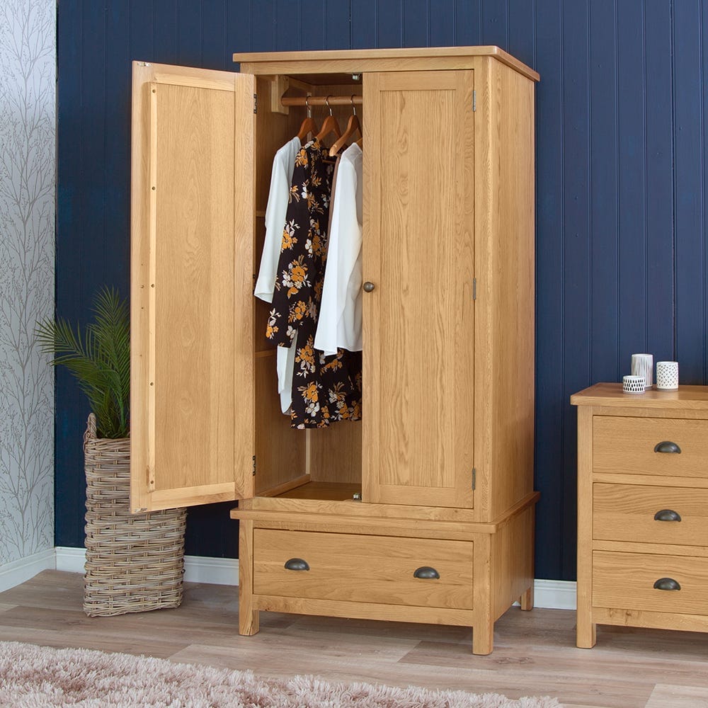 Rutland Oak 2 Door Wardrobe with Drawer - The Furniture Warehouse