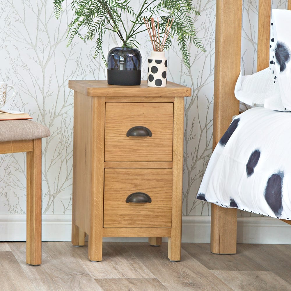 Rutland Oak 2 Drawer Slim Bedside Table - The Furniture Warehouse