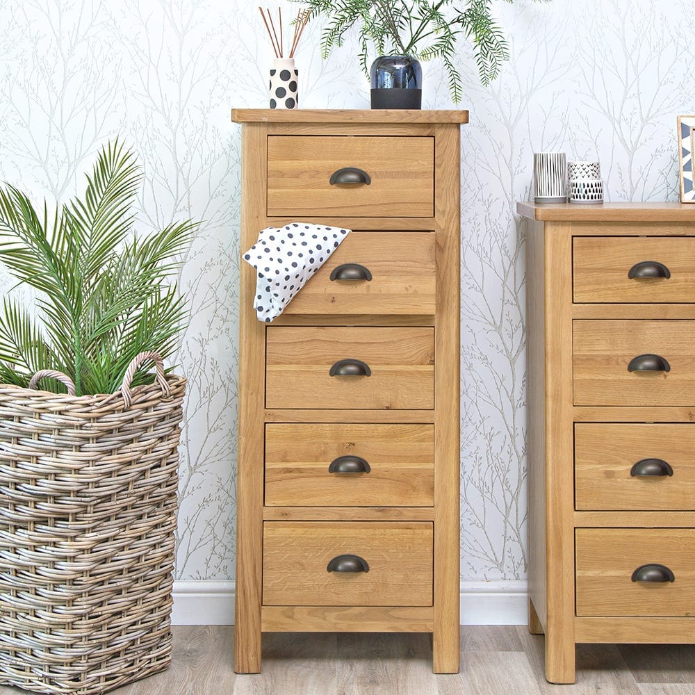 Rutland Oak 5 Drawer Tallboy - The Furniture Warehouse