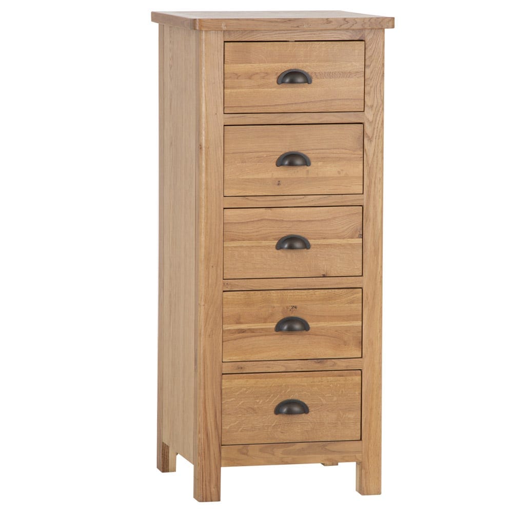 Rutland Oak 5 Drawer Tallboy - The Furniture Warehouse